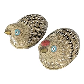 Early 20th Century Chinese Cloisonné Enamel Quail Boxes, Turquoise and Gold Pair