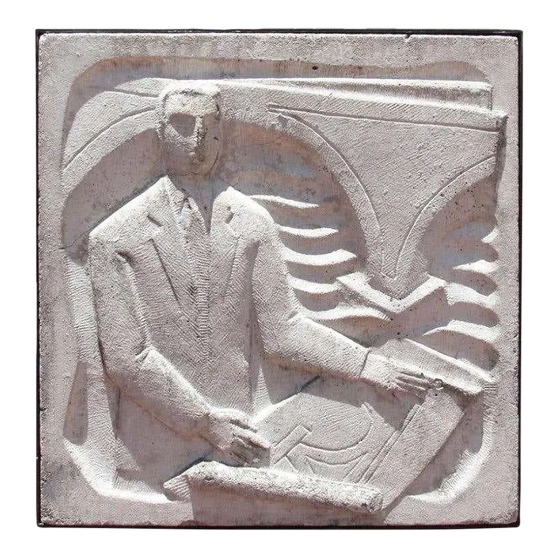 Chuck Dodson Art Deco Wall-Mounted Cast Concrete Plaque: Dating from the last few years when late Art Deco buildings incorporated figural panels in their facades, this exquisite bas reliefs was sculpted by Chuck Dodson, an artist active in the Miami area, f