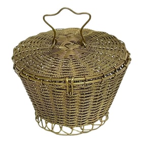19th Century Napoleon III Woven Gilt Bronze Handled Basket, Weave Table Box