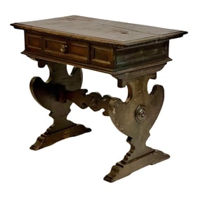 Early 19th Century Italian Renaissance Carved Oak Trestle Base Table With Patina