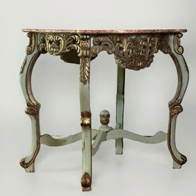 1940s Country French Louis XV Style Carved and Painted Marble Top Center Table