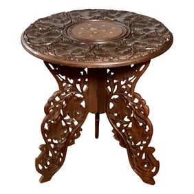 Antique Anglo-Indian Carved Hardwood Round Campaign Side Table