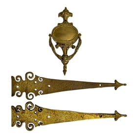 1940s Hammered Brass Door Strap Hinges by Wm. Spencer With Brass Door Knocker - Set of 3
