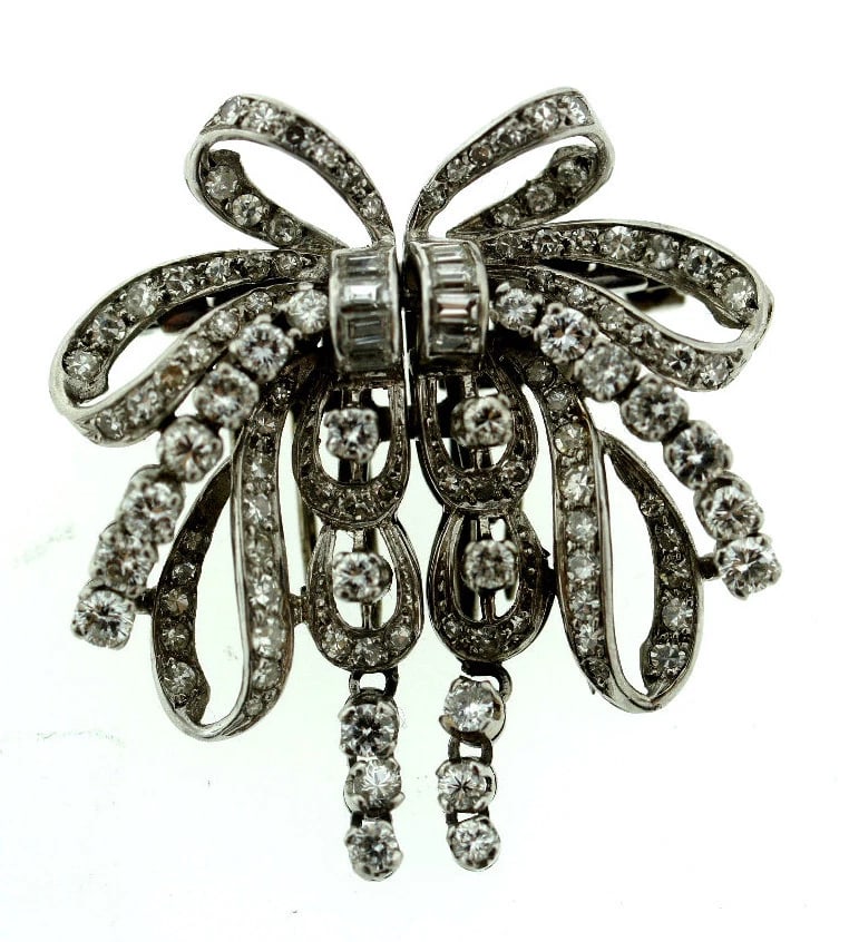 DOUBLE CLIP VINTAGE C.1960 PLATINUM DIAMOND BROOCH BOW ADORABLE STUNNING: Title: DOUBLE CLIP VINTAGE C.1960 PLATINUM DIAMOND BROOCH BOW ADORABLE STUNNING Description: Nadine Krakov Collection Fine Jewelry, Arts & Antiques Purveyors and Purchasers of Antique and Estate Piece