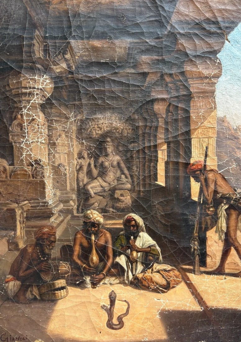 Antique Oil Painting Indian Snake Musician: Please Note: Customers in Europe might be charged customs fees upon delivery. However, if you paid VAT on eBay at checkout, please show the payment confirmation to customs authorities to avoid double 
