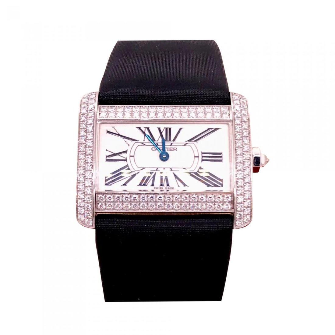 Cartier 18 Karat White Gold Mini Tank Divan Watch Diamond Paved Case: Title:Cartier 18 Karat White Gold Mini Tank Divan Watch Diamond Paved Case Description:Cartier 18 Karat White Gold Mini Tank Divan Watch, Diamond Paved Case, Fabric Strap, 18 Karat Gold Diamond Paved