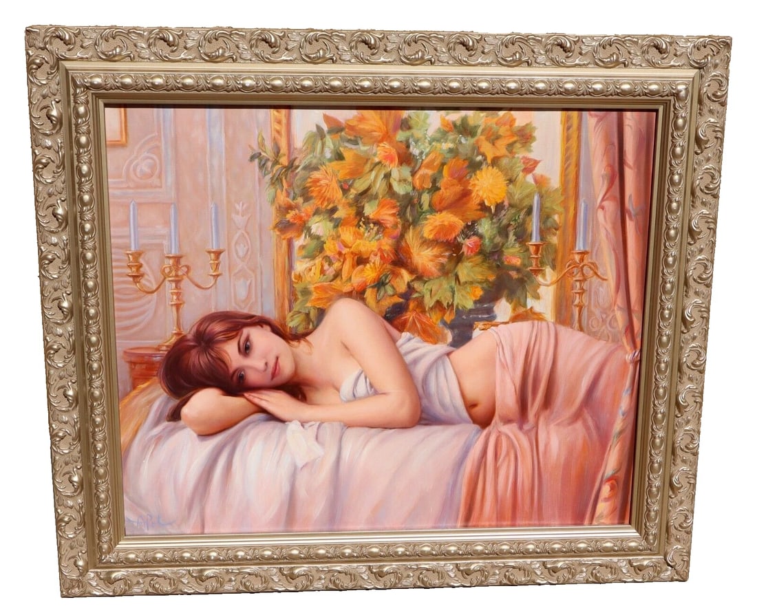 ANATOLY PETKEVICH ORIGINAL oil painting Woman in Her Boudoir Resting by Flowers: ANATOLY PETKEVICH (b. 1969). ORIGINAL OIL PAINTING. Beautiful Lady in Her Boudoir resting by Flowers with Candlesticks on each side, 20" x 24" oil on canvas, (framed size: 26" x 29-1/2") signed lower