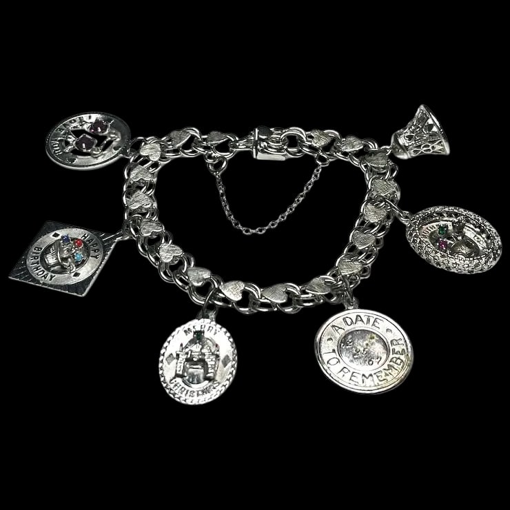 Vintage Sterling Silver Heart Charm Bracelet -Mother, Birthday, Christmas: Vintage Sterling Silver Heart Charm Bracelet Bracelet Hallmarked: Elco Sterling Charms Hallmarked: To Mother: Sterling Happy Birthday: M&M Sterling Merry Christmas: With Love 12/25/67 Sterling AE A Da