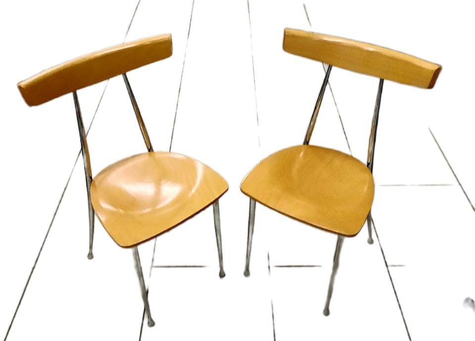 Pair of Post-Modern Designer Chromed Steel & Wood 90s Side Chairs (1 of 7)