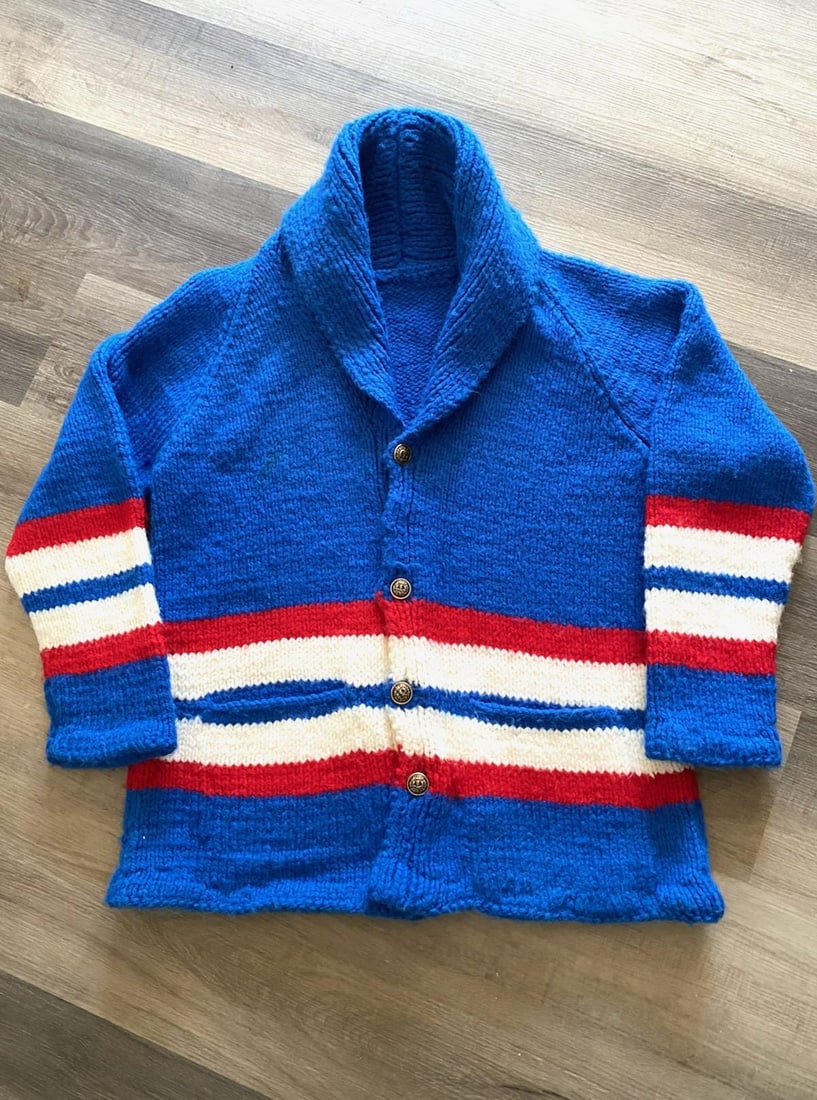 Vintage 1980s Mens Shawl Collar Cardigan Sweater Hand Knit Sz L (1 of 9)