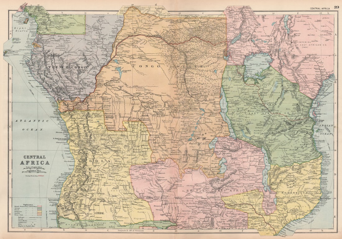 CENTRAL AFRICA. French Congo German east British Angola Tanzania. BACON 1893 map: Title: CENTRAL AFRICA. French Congo German east British Angola Tanzania. BACON 1893 map Description: Central Africa' by Bacon, George Washington & Co. Published 1893. Antique colour map. Size 33 x 48