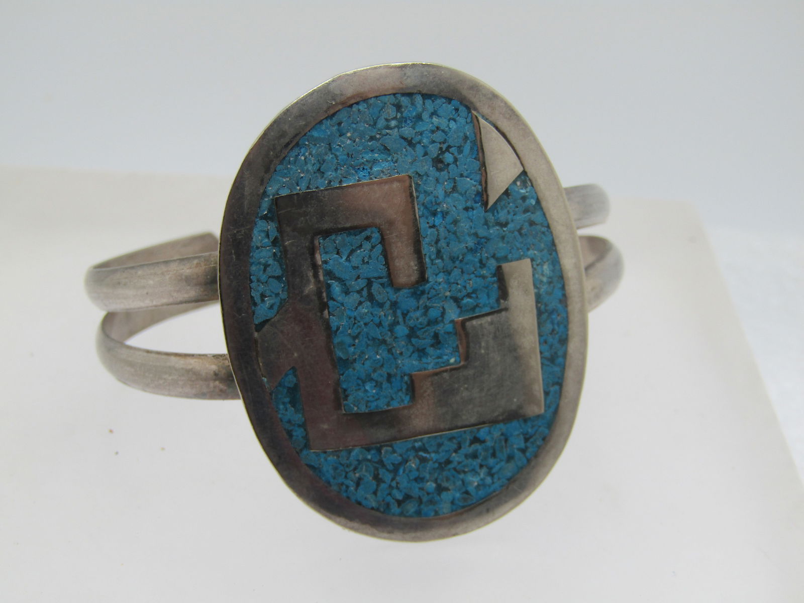 Vintage Inlaid Turquoise Southwestern Cuff Bracelet, 6.5", Alpaca, Unisex, 1960's-1970's (1 of 6)