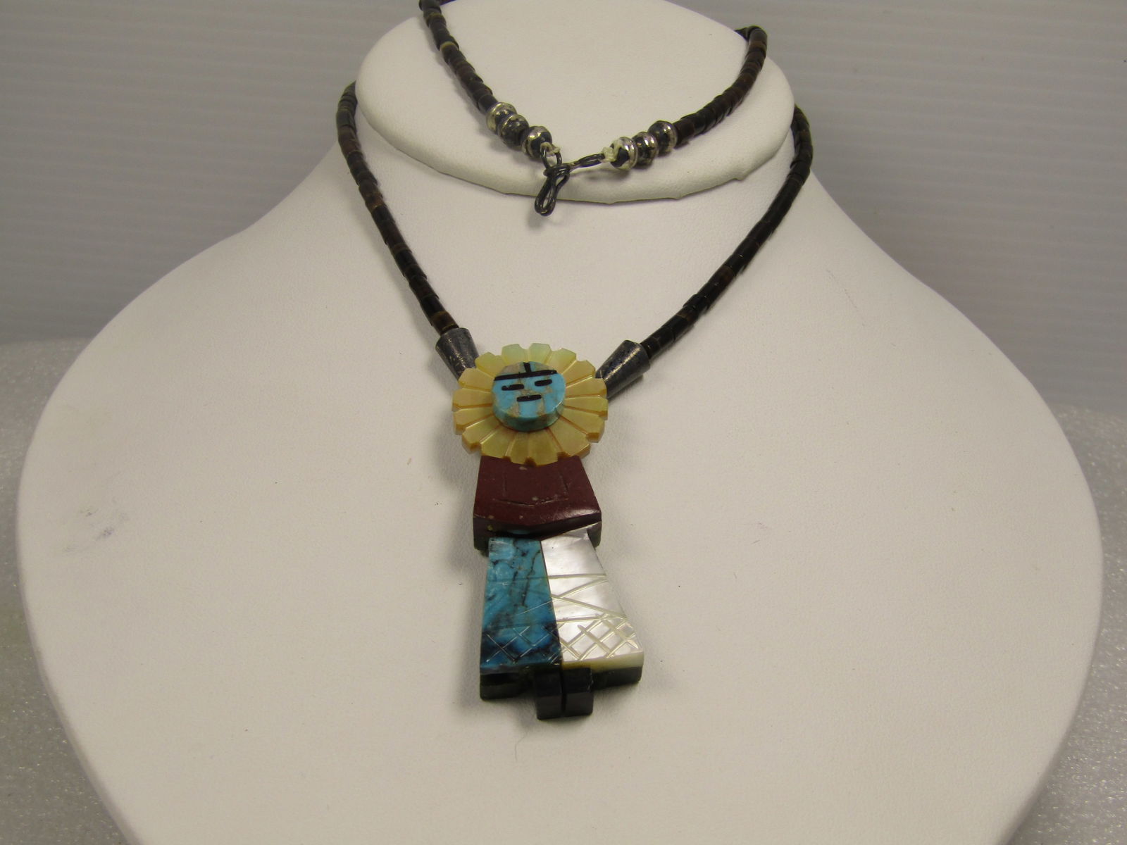Vintage Sterling Zuni Sunface/Kachina Necklace, Heishi Beaded, 1970's-1980's, 20" (1 of 8)