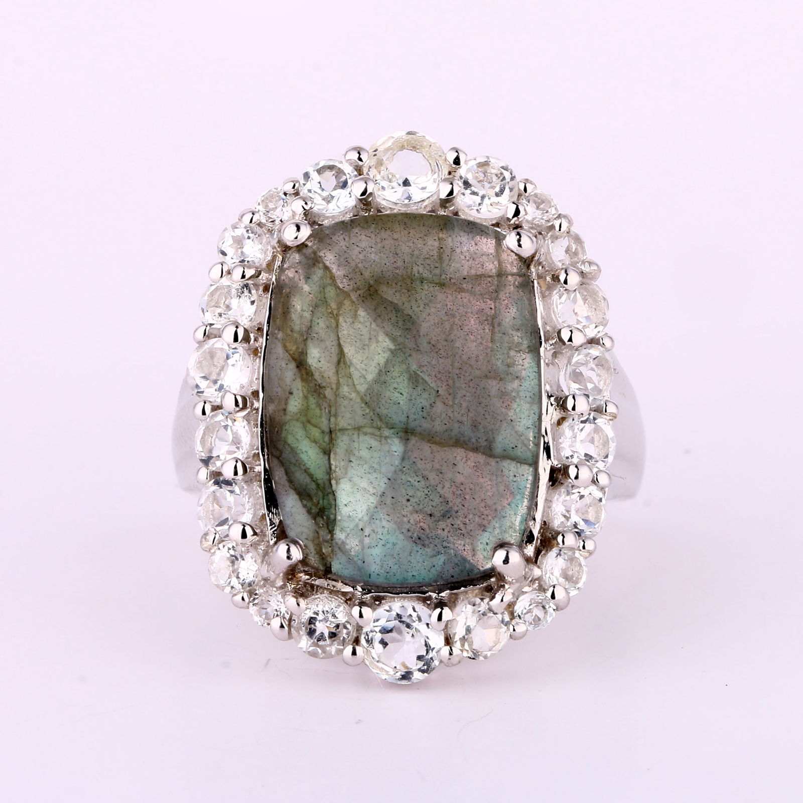 Ring: Labradorite Checker Board Cushion 18x13mm: Title: Ring: Labradorite Checker Board Cushion 18x13mm Description: Labradorite Checker Board Cushion 18x13mm - 1Pc + White Topaz Round 4.00mm - 2Pcs + White Topaz Round 3.00mm - 12Pcs + White Topaz R