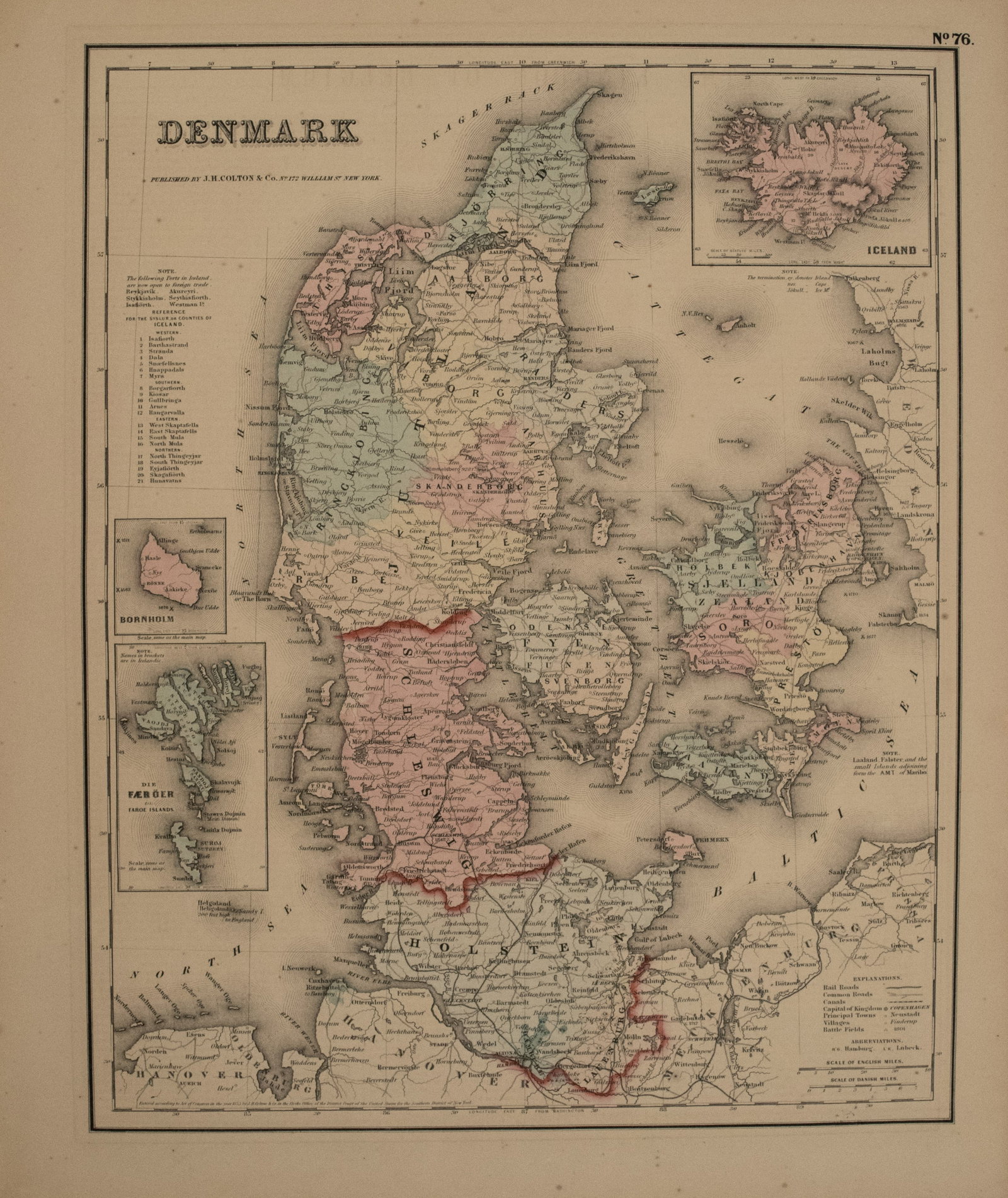 1855 Colton Map of Denmark -- Denmark: Title:1855 Colton Map of Denmark -- Denmark Cartographer:J Colton,li>Year/Place:1855, New York Map Dimension(in.):14.7 X 11.8 in. Description:This is a very nice map of Denmark with insets of Iceland,