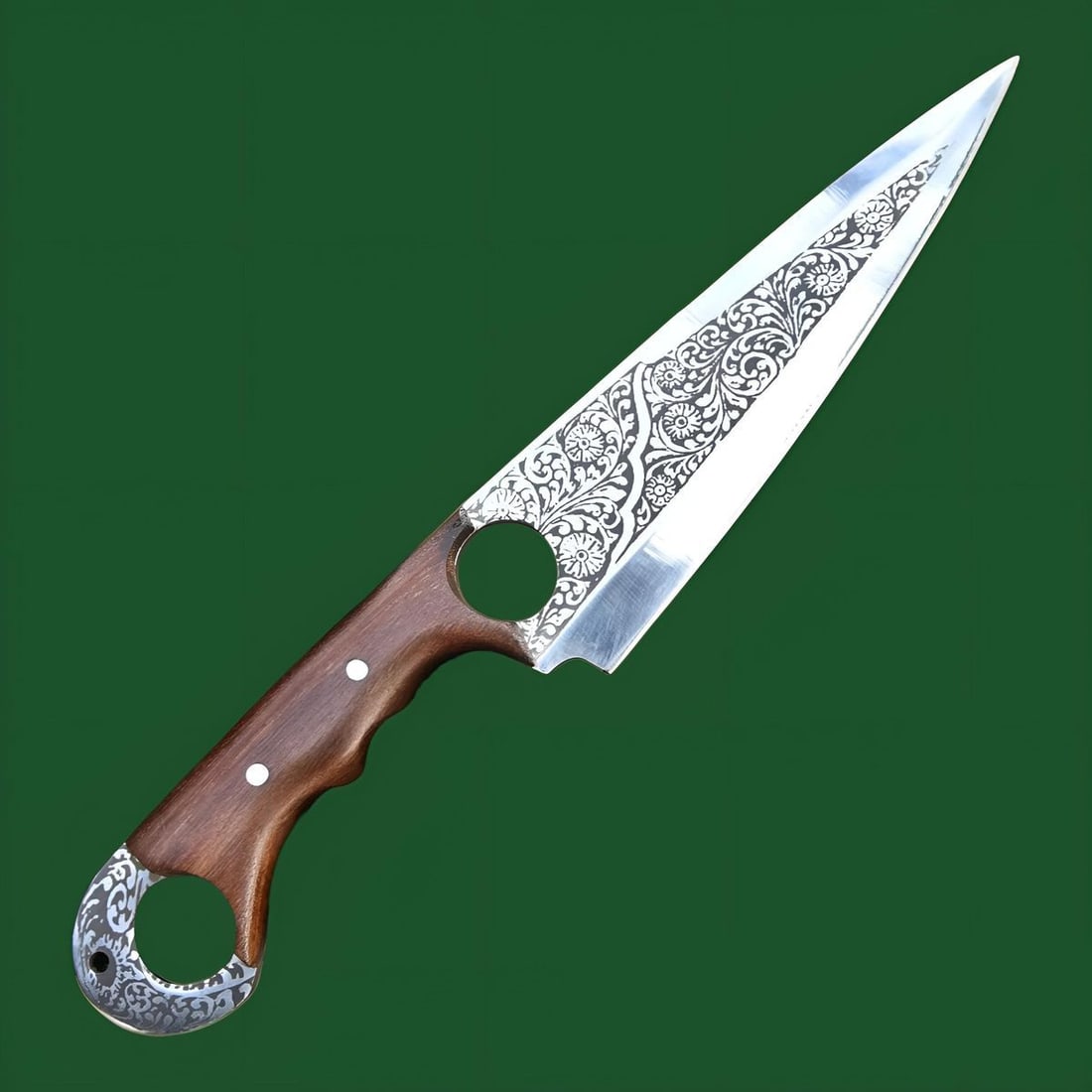 D2 Steel Butchering Knife Carved Wooden Handle: Title:D2 Steel Butchering Knife Carved Wooden Handle Description:This specialty butchering knife features a precision-ground D2 steel blade etched with intricate floral designs. The full tang design p