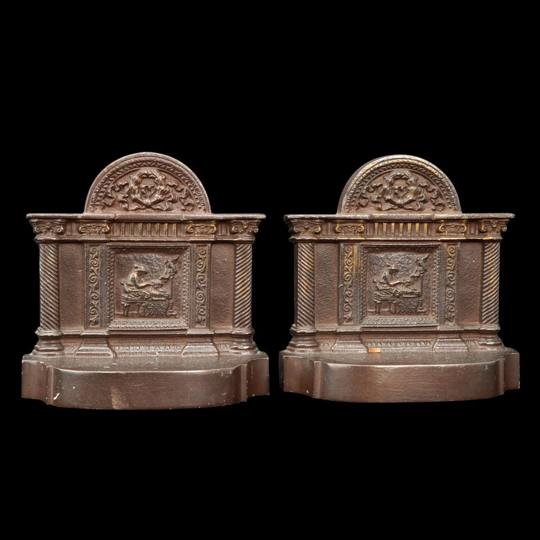 Pair B&H Bookends Spinning Scene c 1930: Title:Pair B&H Bookends Spinning Scene c 1930 Size:5 in (12.7 cm) wide x 2 in (5.1 cm) deep x 4 7/8 in (12.4 cm) tall. Description:A well cast pair of cast iron bookends with a woman in Greek attire s