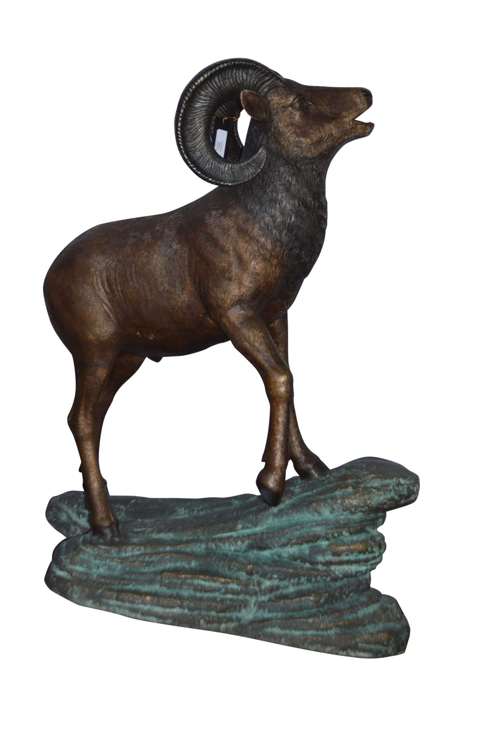 Life Size Ram standing on a rock Bronze Statue – Size: 38"L x 19"W x 45"H.: Title:Life Size Ram standing on a rock Bronze Statue – Size: 38″L x 19″W x 45″H. Description:Life Size Ram standing on a rock Bronze Statue – Size: 38″L x 19″