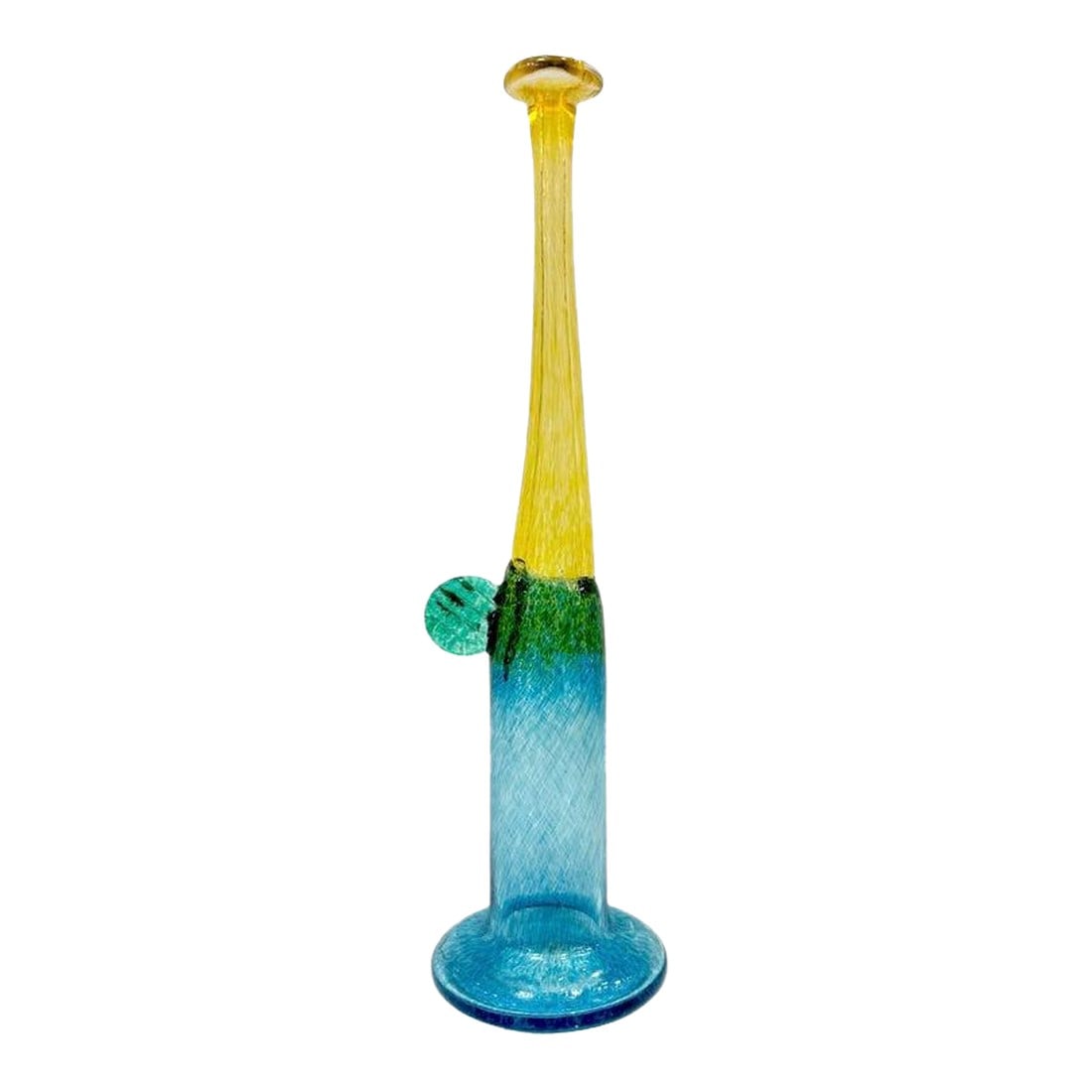 1970s Bertil Vallien Swedish Blue Green Yellow Art Glass Vase for Kosta Boda: A fun and colored single-flower modern vase by Swedish glass master Bertil Vallien for Kosta Boda, limited Edition n.48on 75. Etched with the artist's signature and details under the base. This vase (