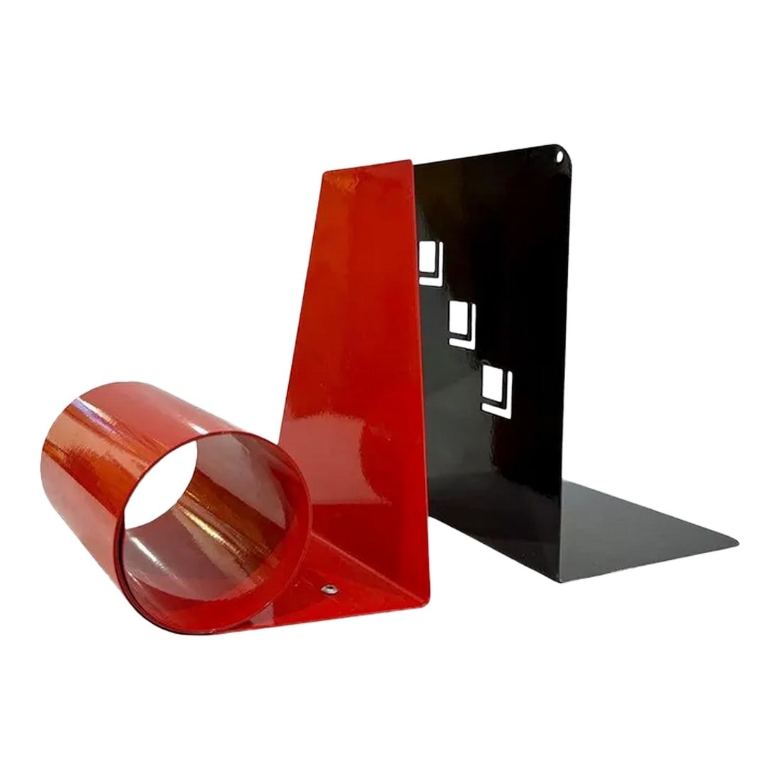 1970s Italian Vintage Red & Black Lacquered Metal Post-Modern Geometric Bookends - a Pair: Modern stylish design metal bookends in shiny lacquered black & red color. Both bookends are made complementary in style but with different geometric form. The black bookend has pierced geometry detai
