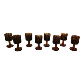 1970s Vintage Mid-Century Modern Handblown Amber Leopard Pattern Goblets - Set of 8