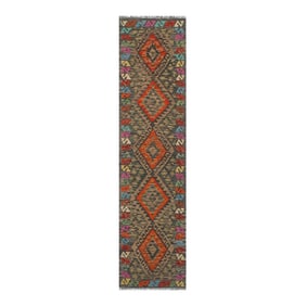 Early 21st Century Early 21st Century Bohemian Kilim Charcoal Rust Hand Woven Rug - 2'3" X 8'4"
