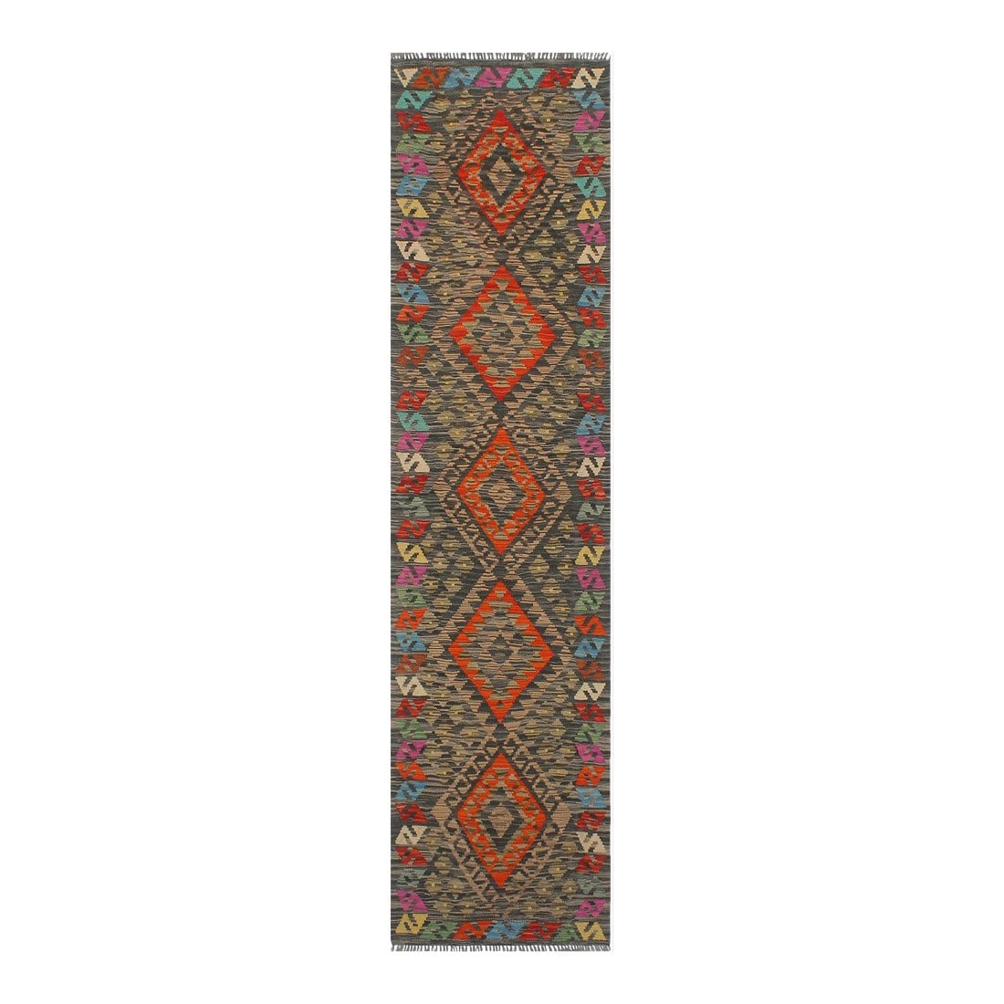 Early 21st Century Early 21st Century Bohemian Kilim Charcoal Rust Hand Woven Rug - 2'3" X 8'4": Add a touch of elegance to your home with this casual chic hand woven Tribal Kilim wool rug. Constructed on a loom by Nomad Turkman people with hand spun wool and 100% Natural Vegetable dyes. Conditio