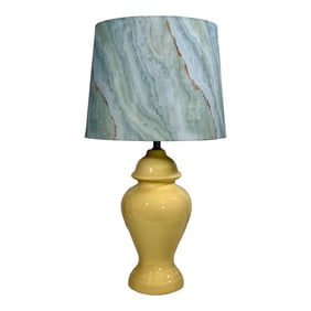 Vintage Chinouserie Yellow Ginger Jar Style Table Lamp With Marbleized Shade