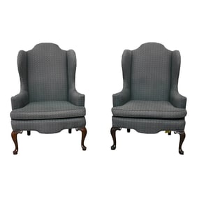 Mid 20th Century Pair Hickory Chair Mahogany Queen Anne Style Wing Chairs in Green Patterned Fabric