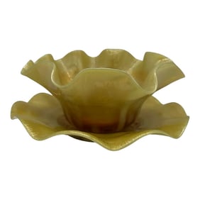 Lct Tiffany Studios 2pc Favrile Art Glass Ruffled Dish and Underplate