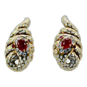David Webb Enamel Ruby Diamond Snake Serpenti Earrings - 2 Pieces