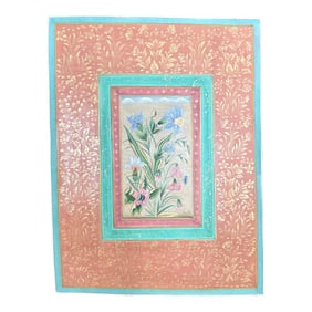 Vintage Indian Botanical in Mughal Border Painting With Gold Leaf