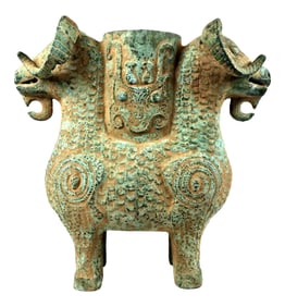 1920s Chinese Bronze Two Headed Ram Flower Pot/Candle Holder