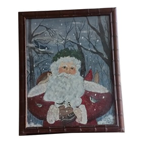 Vintage Large Heartwarming Painting of Kind Santa in Snowy Woods With Birds , Signed and Dated