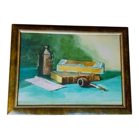 Arts and Crafts Era Antique Watercolor of Books and Pipe, Library or Desk Decor