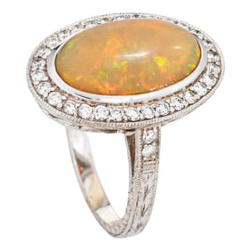 Mid 20th Century Fire Opal Diamond Large Oval 18k White Gold Cocktail Ring Size 9