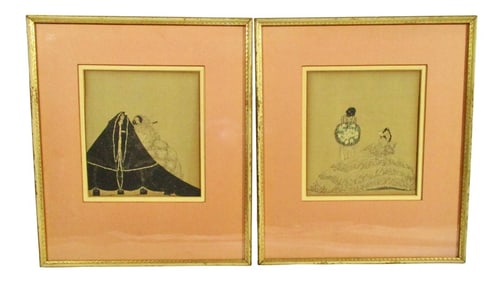 Pair of Line Block Print Illustrations Book Plates - a Pair