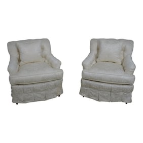 Pair Bright White Damask Upholstered Club Chairs