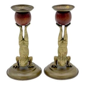Acrobatic Frog Brass & Wood Candlesticks by Arthur Court, 1979 - a Pair