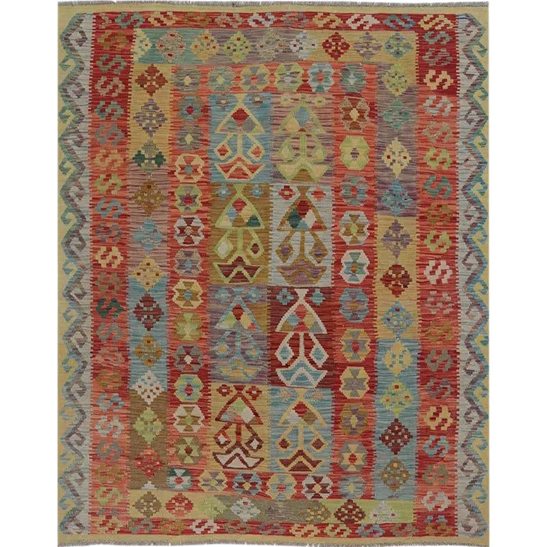 Traditional Handwoven Turkish Kilim Rug-5'2" X 6'5": This fun rug is a beautiful traditional handwoven Turkish Kilim area rug featuring a tile and geometric shape motif in a multi-colored design. Â The lightweight construction makes this rug a