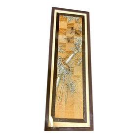 Vintage Japanese, Planed Wood, Hand Woven, Paint and Ink Drawing/ Painting of Three Birds in a Tree,