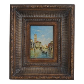 Framed Venice Gondola Scene Oil Painting on Board