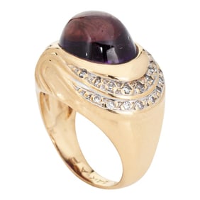 Vintage Cabochon Amethyst Diamond Circle 14k Gold Ring Size 5