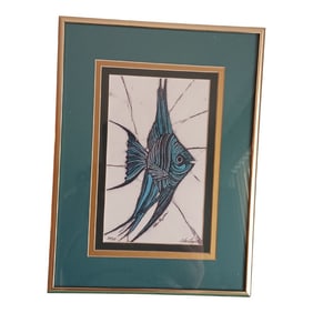 Kae Taylor Turquoise Batik AngelFish Lithograph, Signed and Numbered
