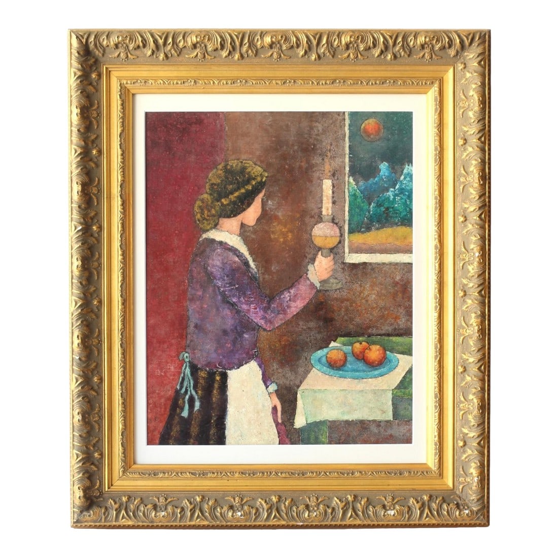 French Still Life Portrait: This intriguing French painting showcases a woman holding a candlestick while looking out into the night, with a still life of fruit on a table in the background. The warm tones and soft detailing bri