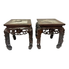 Vintage Chinoiserie Asian Carved Wood Side Tables Stands With Lotus Flower Design and Marble Top-a P