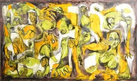 Large 84" Original Signed "Yoga Time" Painting by Laurent Proneur