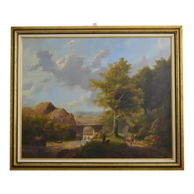 Rosenblum Signed Bridge Valley Scene Oil Painting on Canvas