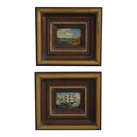 Pair Artist Signed Ship Oil Paintings on Boards