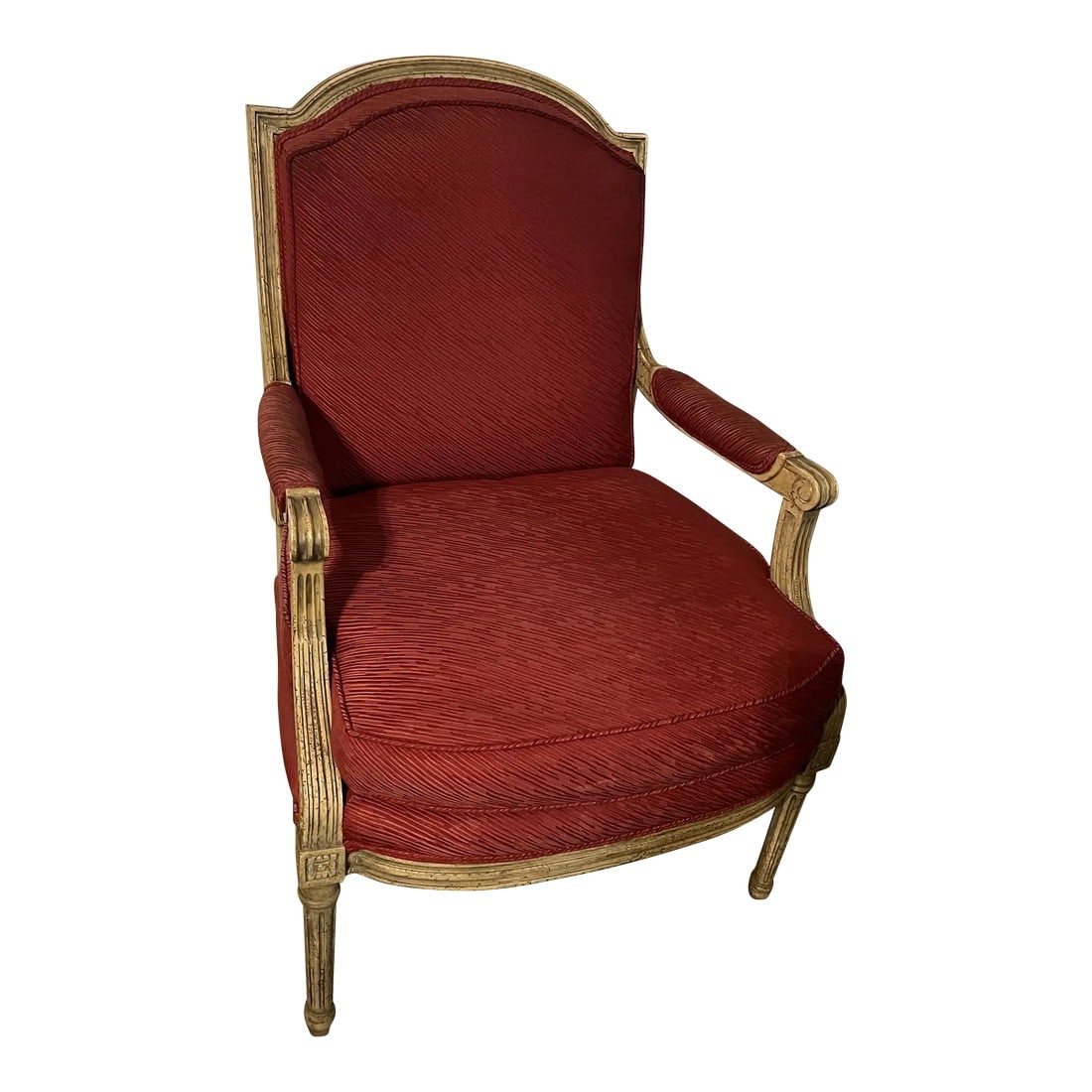 1960s Baker Furniture Accent Chair: Baker Furniture Accent Arm Chair in a Neoclassical Design and comes in a Red Fabric Material . Condition: Alterations: Original Condition Unaltered Imperfections: Some Imperfections Condition Notes: G